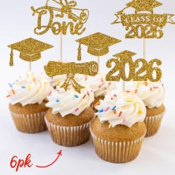 Gold Glittering Grad 2026 Cupcake Picks 6pk